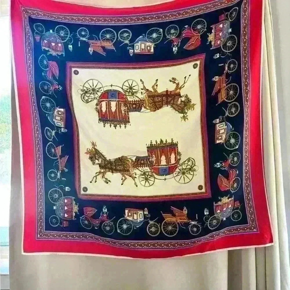 Lovely Silk equestrian carriage scarf. Size is 39x39 “ with red border. EUC - Picture 10 of 10